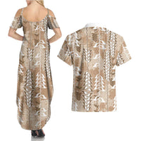 Beige Hawaii Tapa Pattern Couples Matching Summer Maxi Dress and Hawaiian Shirt With Heliconia Vintage Style LT05 - Polynesian Pride