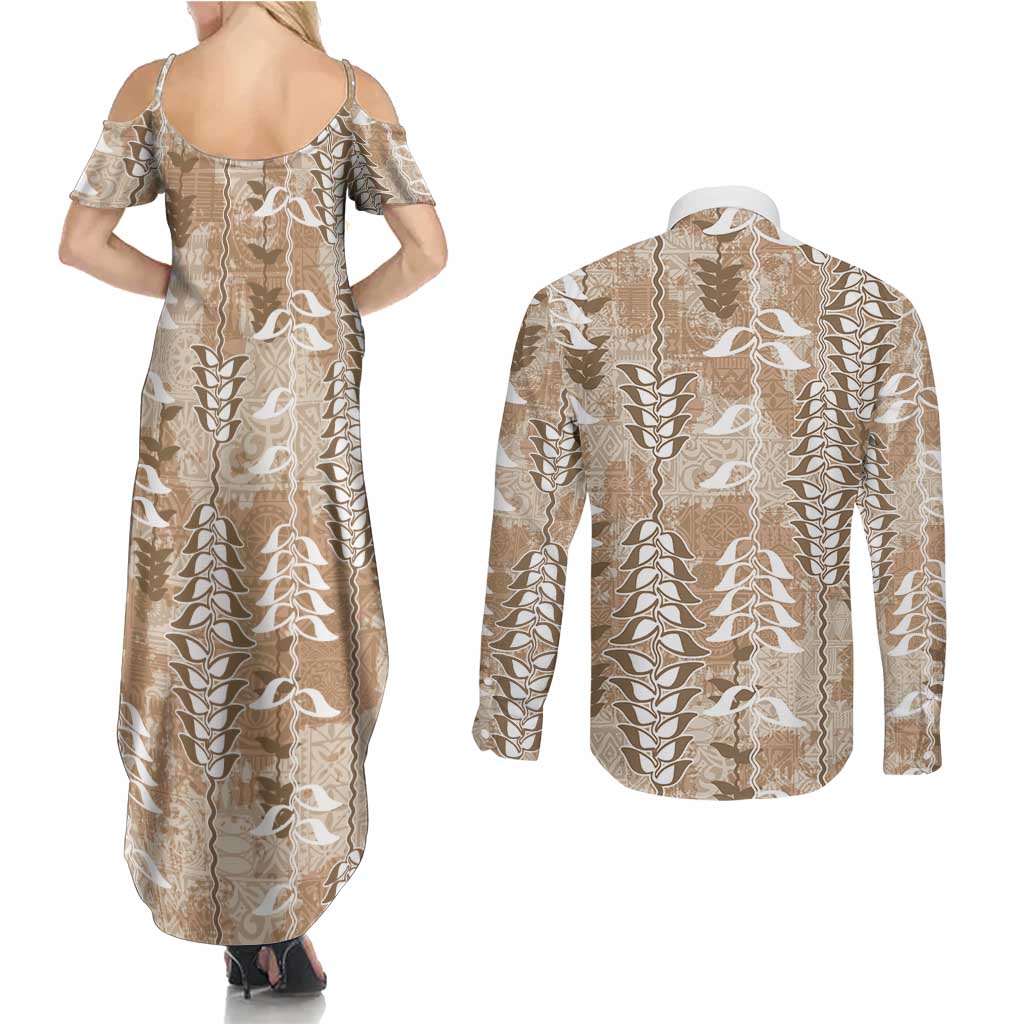Beige Hawaii Tapa Pattern Couples Matching Summer Maxi Dress and Long Sleeve Button Shirt With Heliconia Vintage Style LT05 - Polynesian Pride