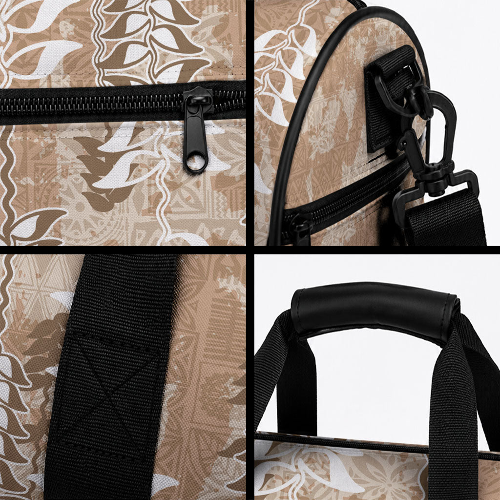 Beige Hawaii Tapa Pattern Duffle Bag With Heliconia Vintage Style