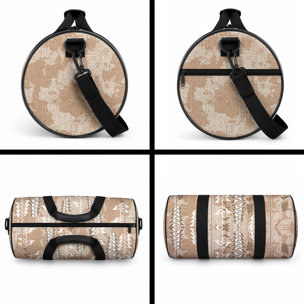 Beige Hawaii Tapa Pattern Duffle Bag With Heliconia Vintage Style