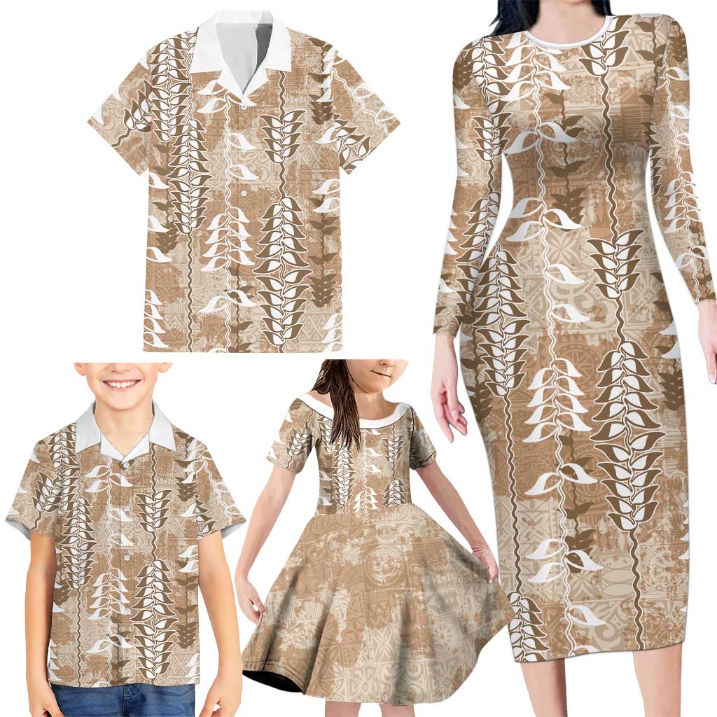 Beige Hawaii Tapa Pattern Family Matching Long Sleeve Bodycon Dress and Hawaiian Shirt With Heliconia Vintage Style