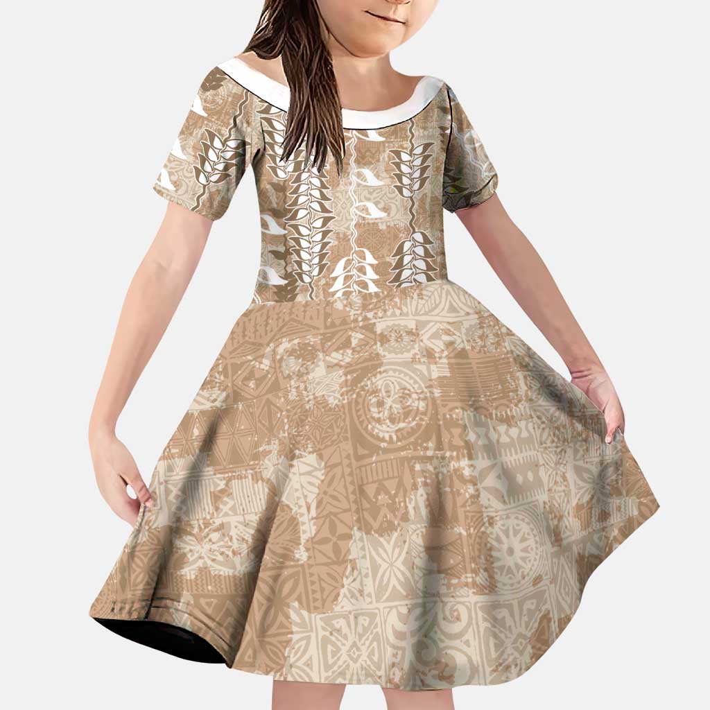 Beige Hawaii Tapa Pattern Family Matching Off Shoulder Short Dress and Hawaiian Shirt With Heliconia Vintage Style LT05 Daughter's Dress Beige - Polynesian Pride