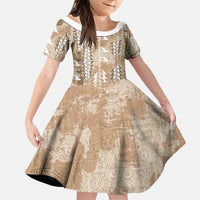 Beige Hawaii Tapa Pattern Family Matching Off Shoulder Short Dress and Hawaiian Shirt With Heliconia Vintage Style LT05 Daughter's Dress Beige - Polynesian Pride