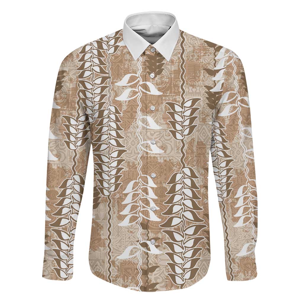 Beige Hawaii Tapa Pattern Family Matching Tank Maxi Dress and Hawaiian Shirt With Heliconia Vintage Style LT05 Dad's Shirt - Long Sleeve Beige - Polynesian Pride