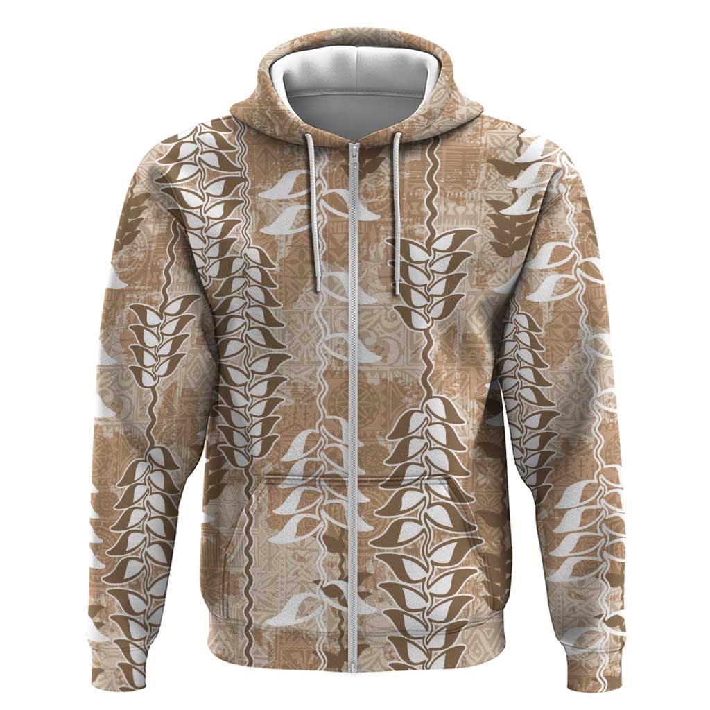 Beige Hawaii Tapa Pattern Hoodie With Heliconia Vintage Style LT05 Zip Hoodie Beige - Polynesian Pride