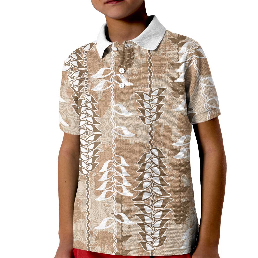 Beige Hawaii Tapa Pattern Kid Polo Shirt With Heliconia Vintage Style LT05 Kid Beige - Polynesian Pride