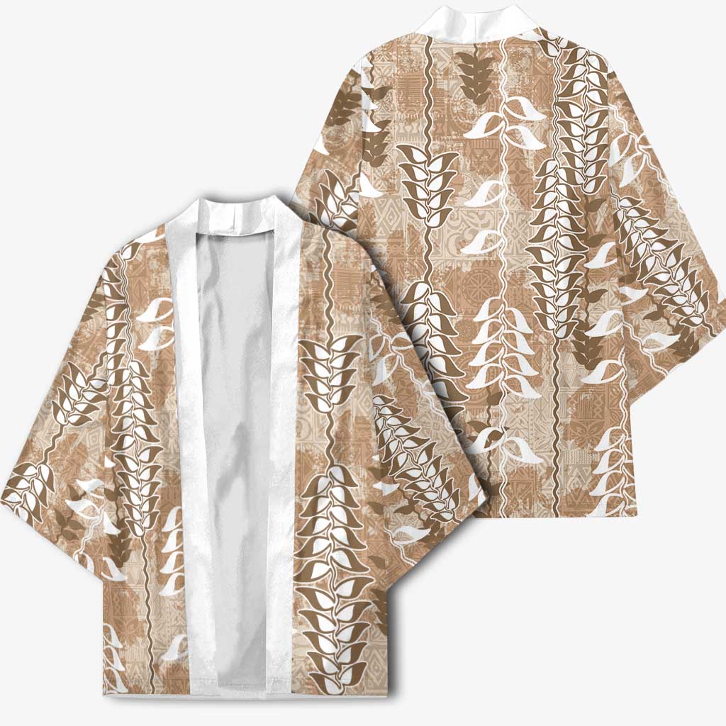 Beige Hawaii Tapa Pattern Kimono With Heliconia Vintage Style LT05 - Polynesian Pride