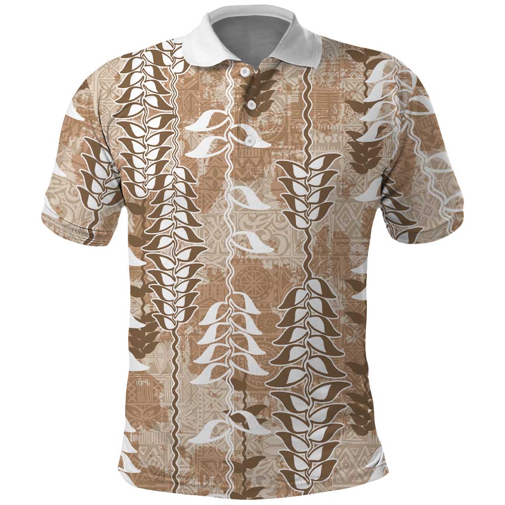 Beige Hawaii Tapa Pattern Polo Shirt With Heliconia Vintage Style