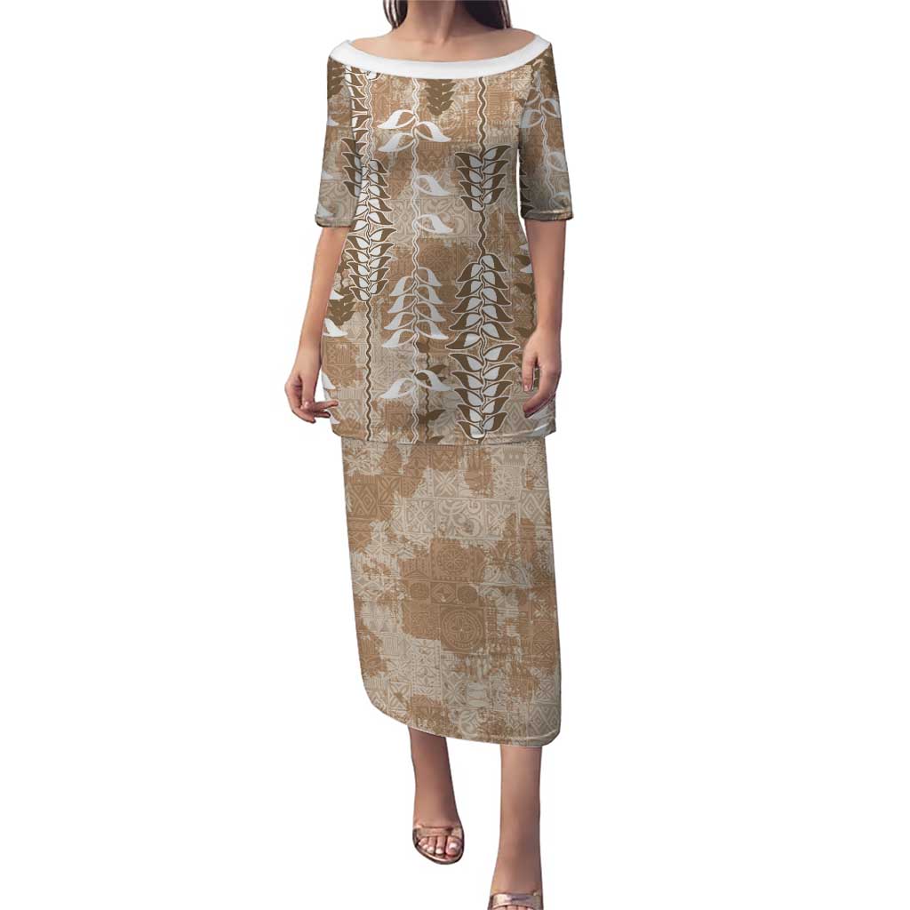 Beige Hawaii Tapa Pattern Puletasi With Heliconia Vintage Style LT05 Long Dress Beige - Polynesian Pride