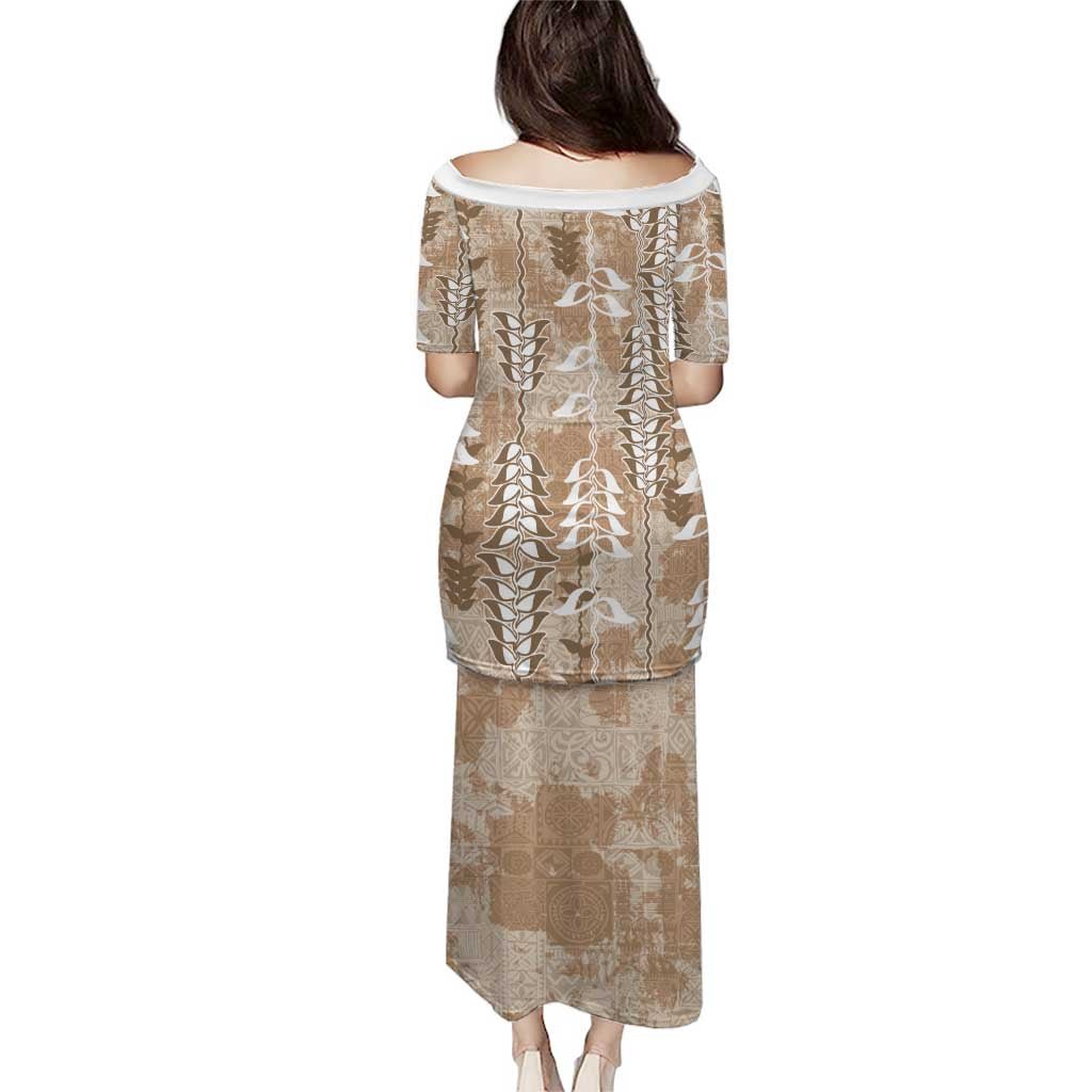 Beige Hawaii Tapa Pattern Puletasi With Heliconia Vintage Style LT05 - Polynesian Pride