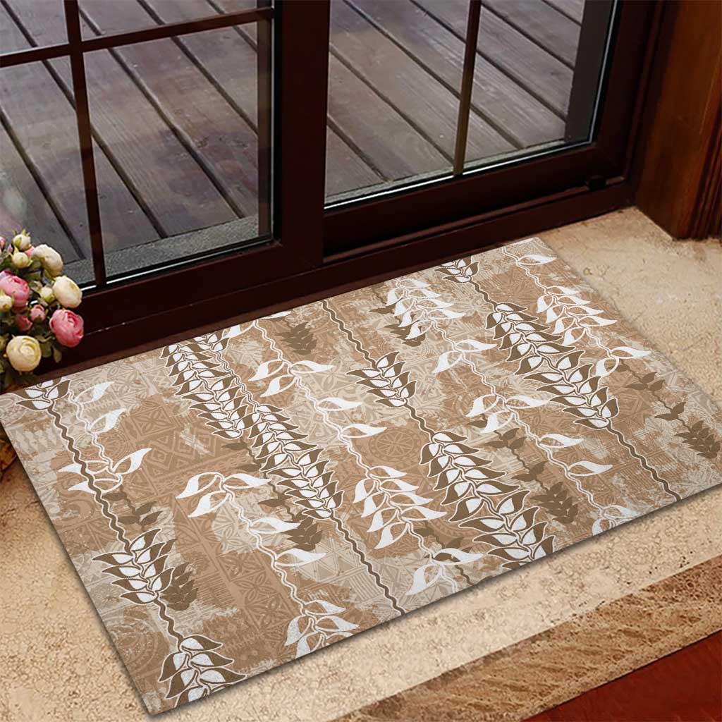 Beige Hawaii Tapa Pattern Rubber Doormat With Heliconia Vintage Style LT05 - Polynesian Pride