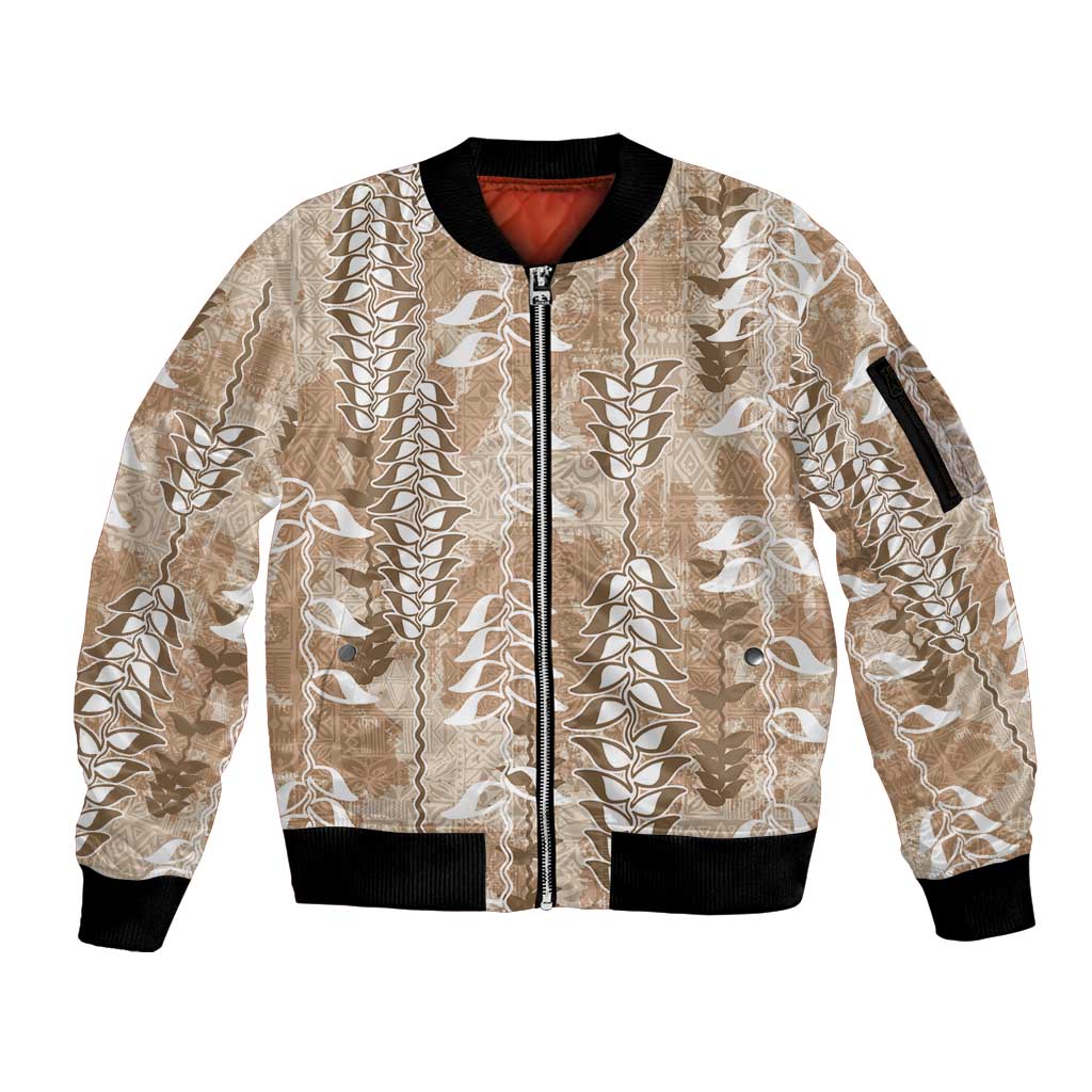 Beige Hawaii Tapa Pattern Sleeve Zip Bomber Jacket With Heliconia Vintage Style LT05 Unisex Beige - Polynesian Pride