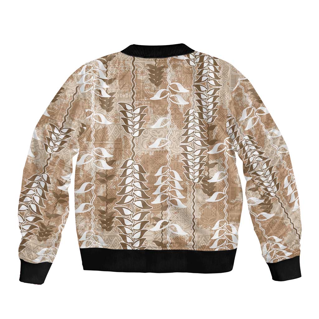 Beige Hawaii Tapa Pattern Sleeve Zip Bomber Jacket With Heliconia Vintage Style LT05 - Polynesian Pride