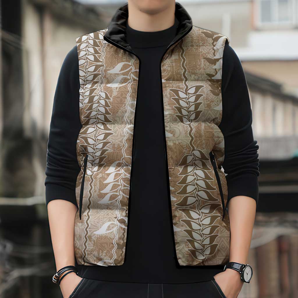 Beige Hawaii Tapa Pattern Sleeveless Puffer Jacket With Heliconia Vintage Style LT05 - Polynesian Pride