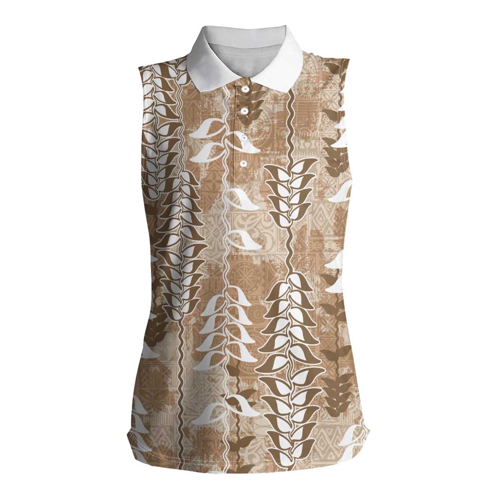Beige Hawaii Tapa Pattern Women Sleeveless Polo Shirt With Heliconia Vintage Style LT05 Female Beige - Polynesian Pride