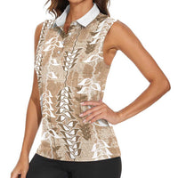 Beige Hawaii Tapa Pattern Women Sleeveless Polo Shirt With Heliconia Vintage Style LT05 - Polynesian Pride
