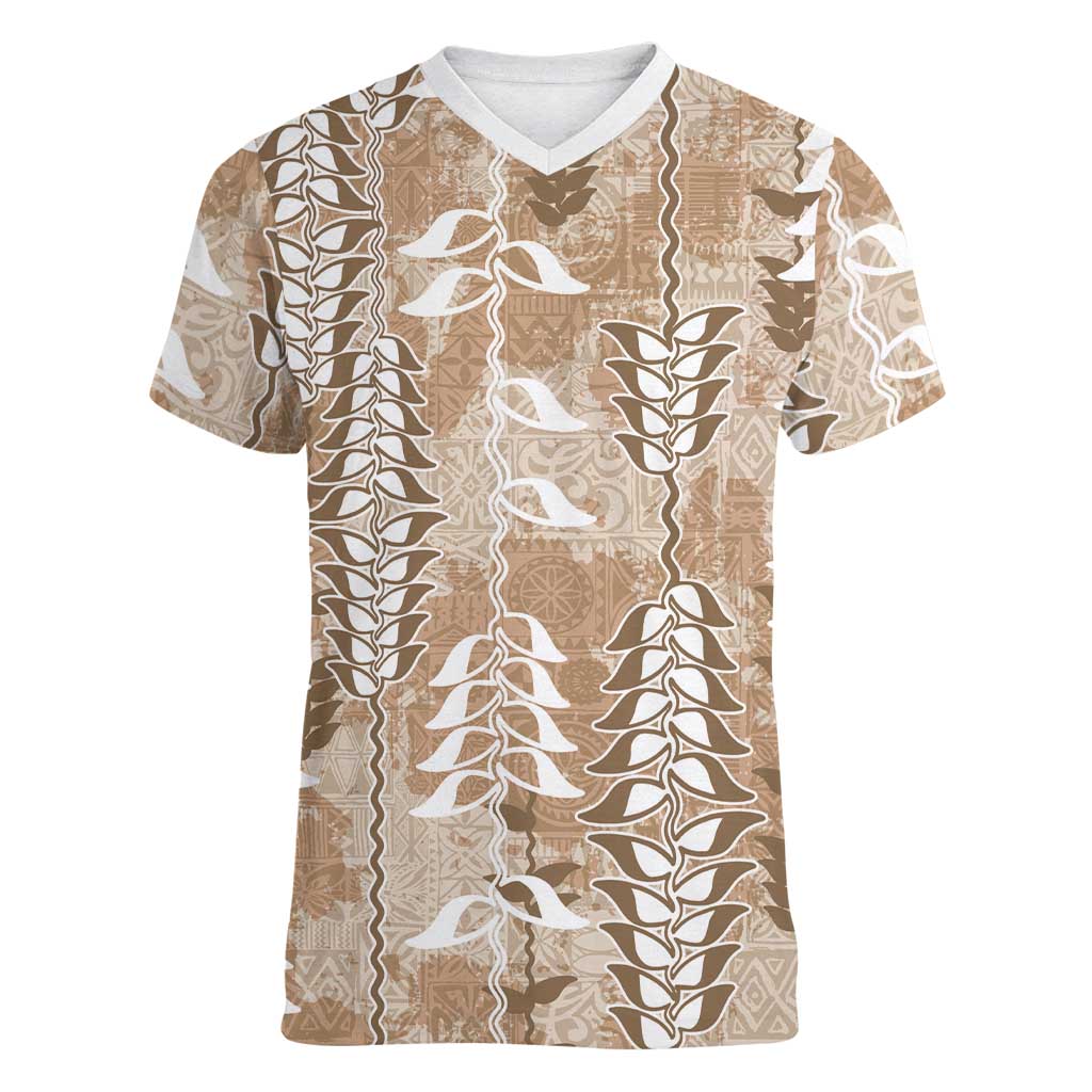 Beige Hawaii Tapa Pattern Women V-Neck T-Shirt With Heliconia Vintage Style LT05 Female Beige - Polynesian Pride