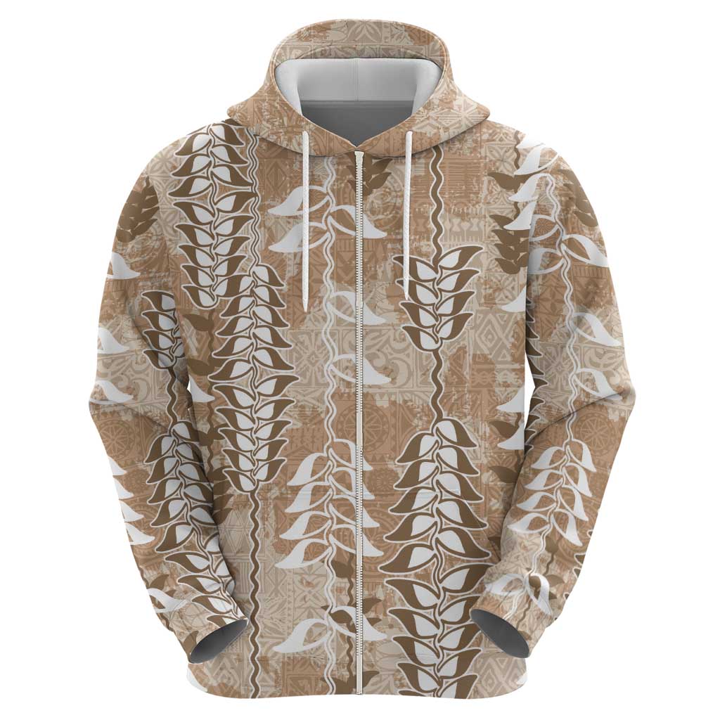 Beige Hawaii Tapa Pattern Zip Hoodie With Heliconia Vintage Style LT05 - Polynesian Pride