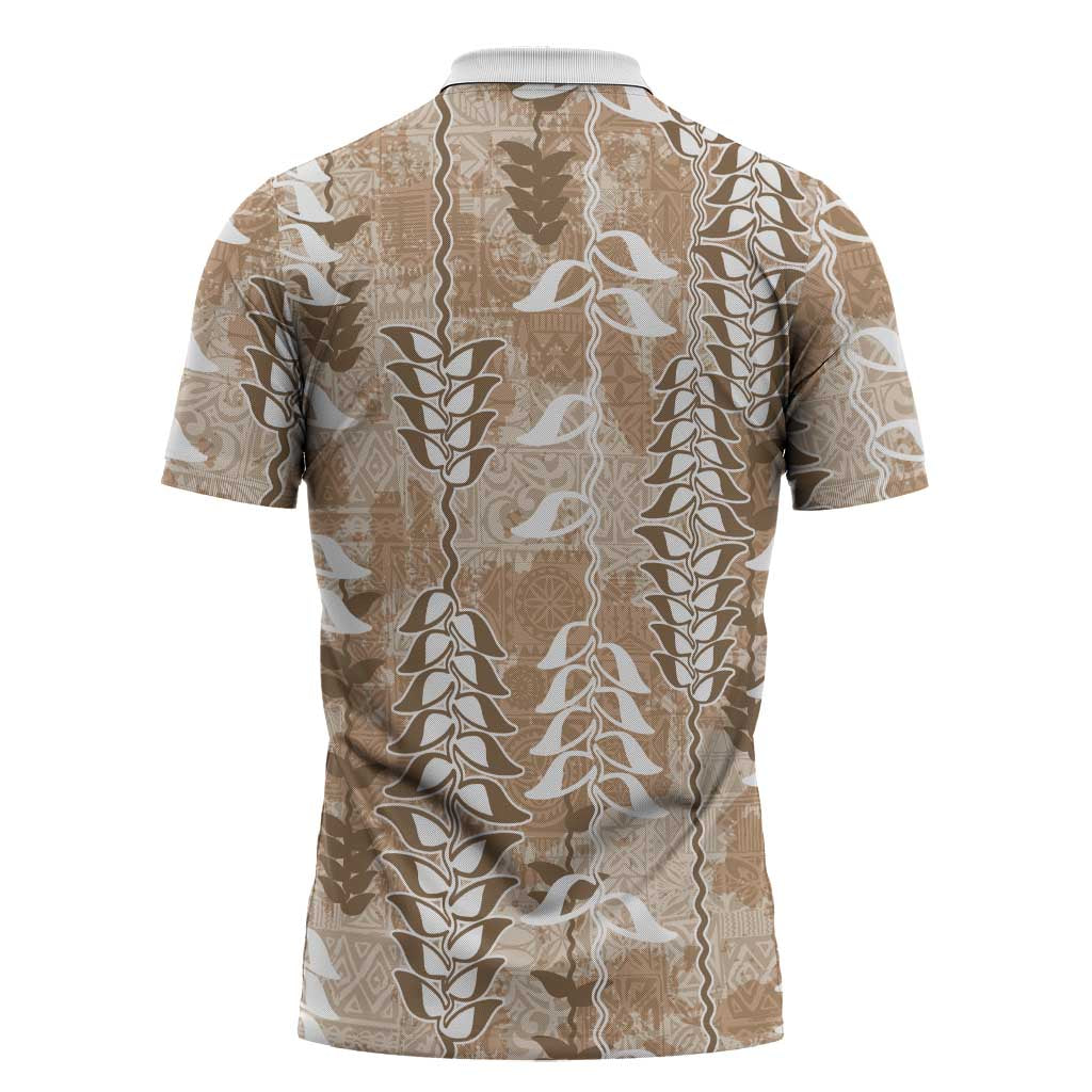 Beige Hawaii Tapa Pattern Zipper Polo Shirt With Heliconia Vintage Style LT05 - Polynesian Pride