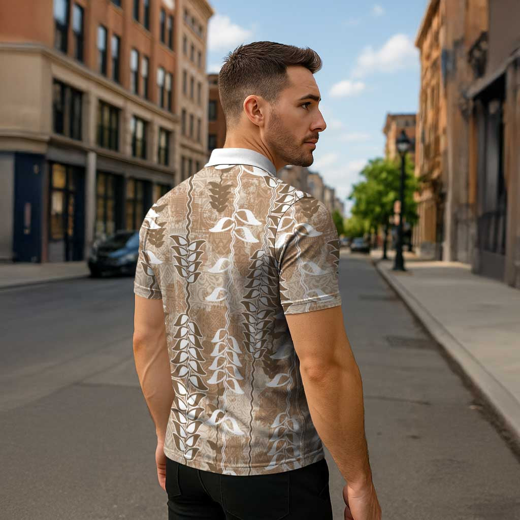 Beige Hawaii Tapa Pattern Zipper Polo Shirt With Heliconia Vintage Style LT05 - Polynesian Pride