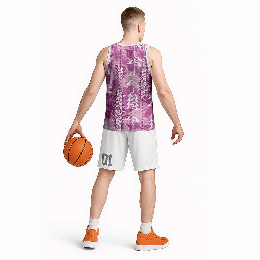 Magenta Hawaii Tapa Pattern Basketball Jersey With Heliconia Vintage Style LT05 - Polynesian Pride