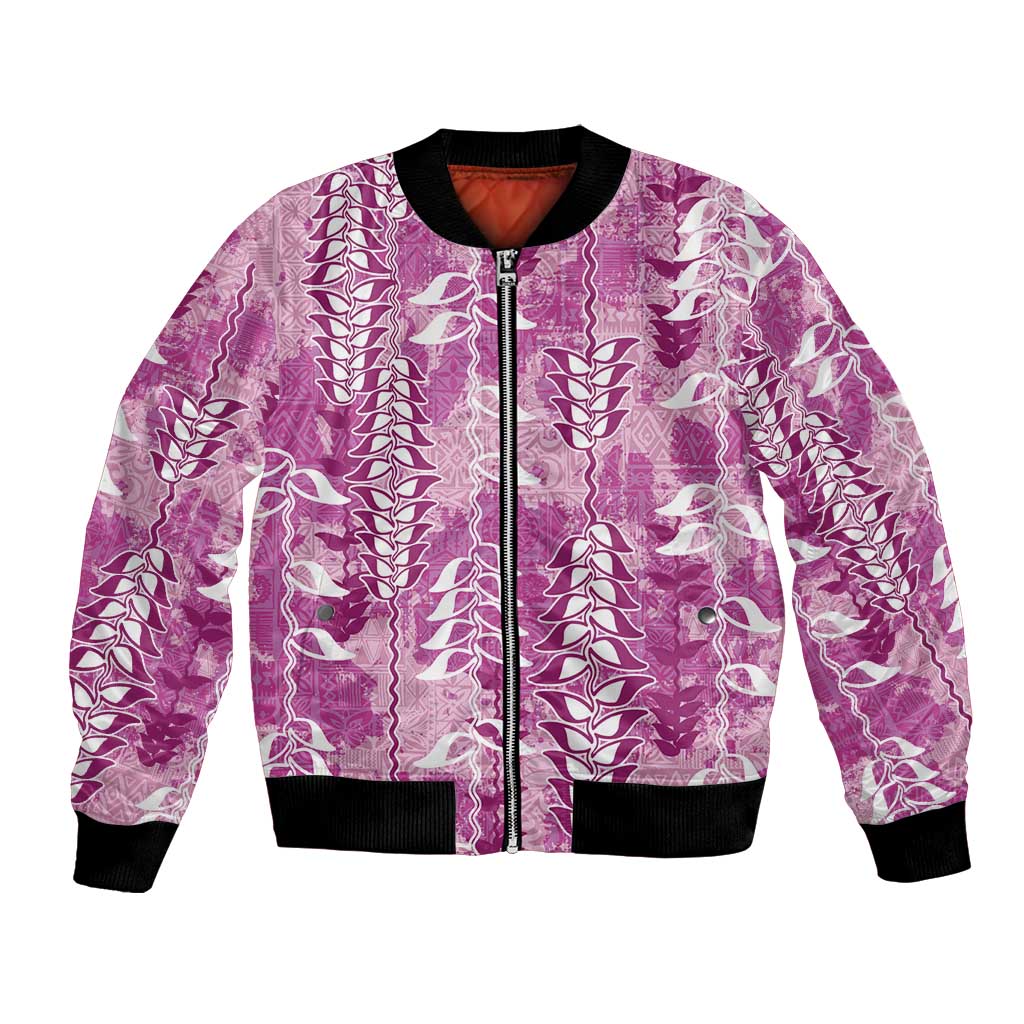 Magenta Hawaii Tapa Pattern Bomber Jacket With Heliconia Vintage Style LT05 Unisex Magenta - Polynesian Pride