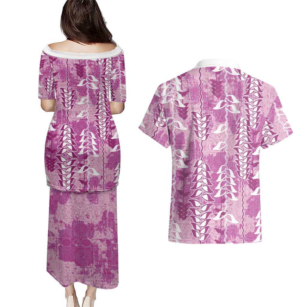 Magenta Hawaii Tapa Pattern Couples Matching Puletasi and Hawaiian Shirt With Heliconia Vintage Style LT05 - Polynesian Pride