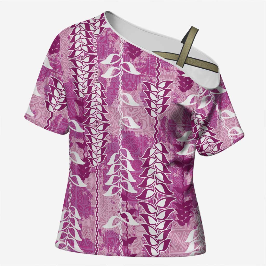 Magenta Hawaii Tapa Pattern Cross Shoulder Shirt With Heliconia Vintage Style LT05 Female Magenta - Polynesian Pride