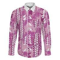 Magenta Hawaii Tapa Pattern Family Matching Long Sleeve Bodycon Dress and Hawaiian Shirt With Heliconia Vintage Style LT05 Dad's Shirt - Long Sleeve Magenta - Polynesian Pride