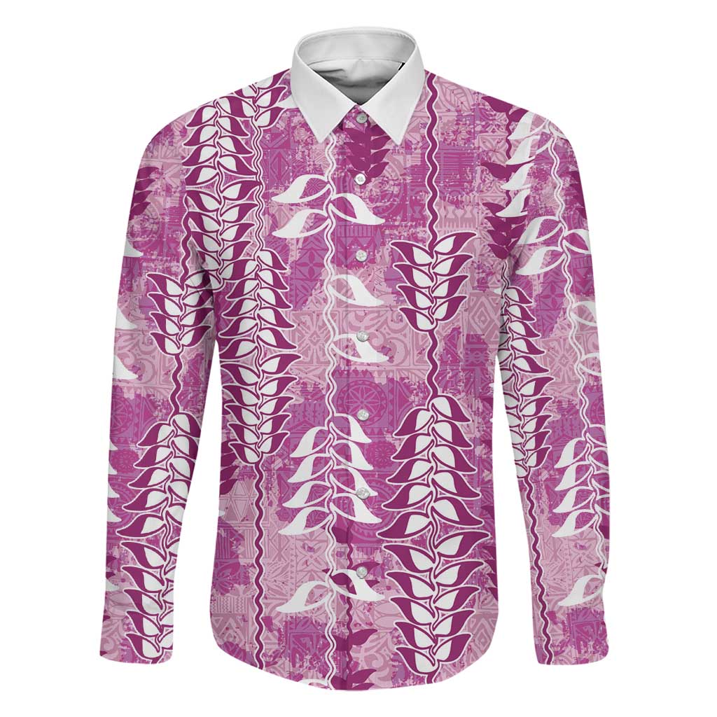 Magenta Hawaii Tapa Pattern Family Matching Off The Shoulder Long Sleeve Dress and Hawaiian Shirt With Heliconia Vintage Style LT05 Dad's Shirt - Long Sleeve Magenta - Polynesian Pride