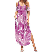 Magenta Hawaii Tapa Pattern Family Matching Summer Maxi Dress and Hawaiian Shirt With Heliconia Vintage Style LT05 Mom's Dress Magenta - Polynesian Pride