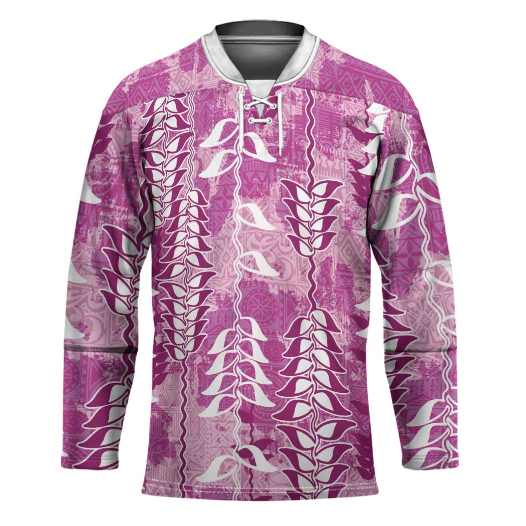 Magenta Hawaii Tapa Pattern Hockey Jersey With Heliconia Vintage Style LT05 Unisex Magenta - Polynesian Pride