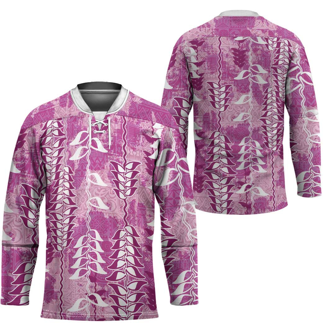 Magenta Hawaii Tapa Pattern Hockey Jersey With Heliconia Vintage Style LT05 - Polynesian Pride