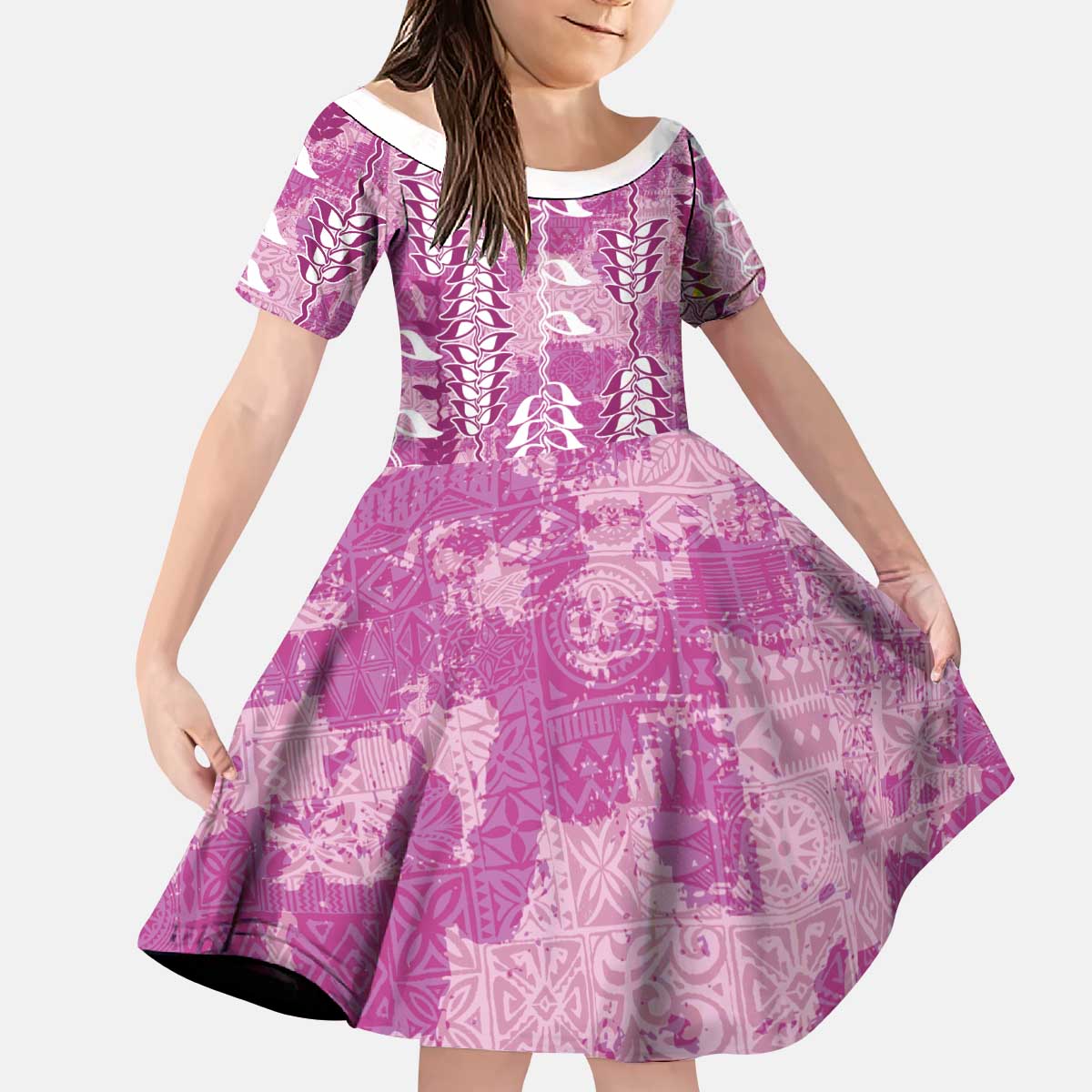 Magenta Hawaii Tapa Pattern Kid Short Sleeve Dress With Heliconia Vintage Style