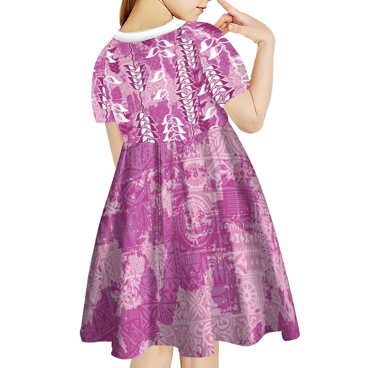 Magenta Hawaii Tapa Pattern Kid Short Sleeve Dress With Heliconia Vintage Style LT05 - Polynesian Pride