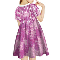 Magenta Hawaii Tapa Pattern Kid Short Sleeve Dress With Heliconia Vintage Style LT05 - Polynesian Pride