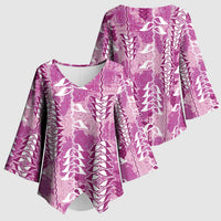 Magenta Hawaii Tapa Pattern Kimono Sleeve Blouse With Heliconia Vintage Style LT05 - Polynesian Pride