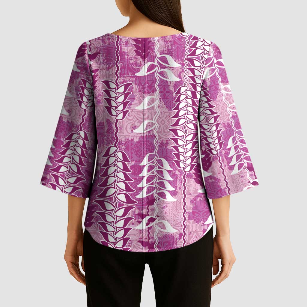 Magenta Hawaii Tapa Pattern Kimono Sleeve Blouse With Heliconia Vintage Style LT05 - Polynesian Pride