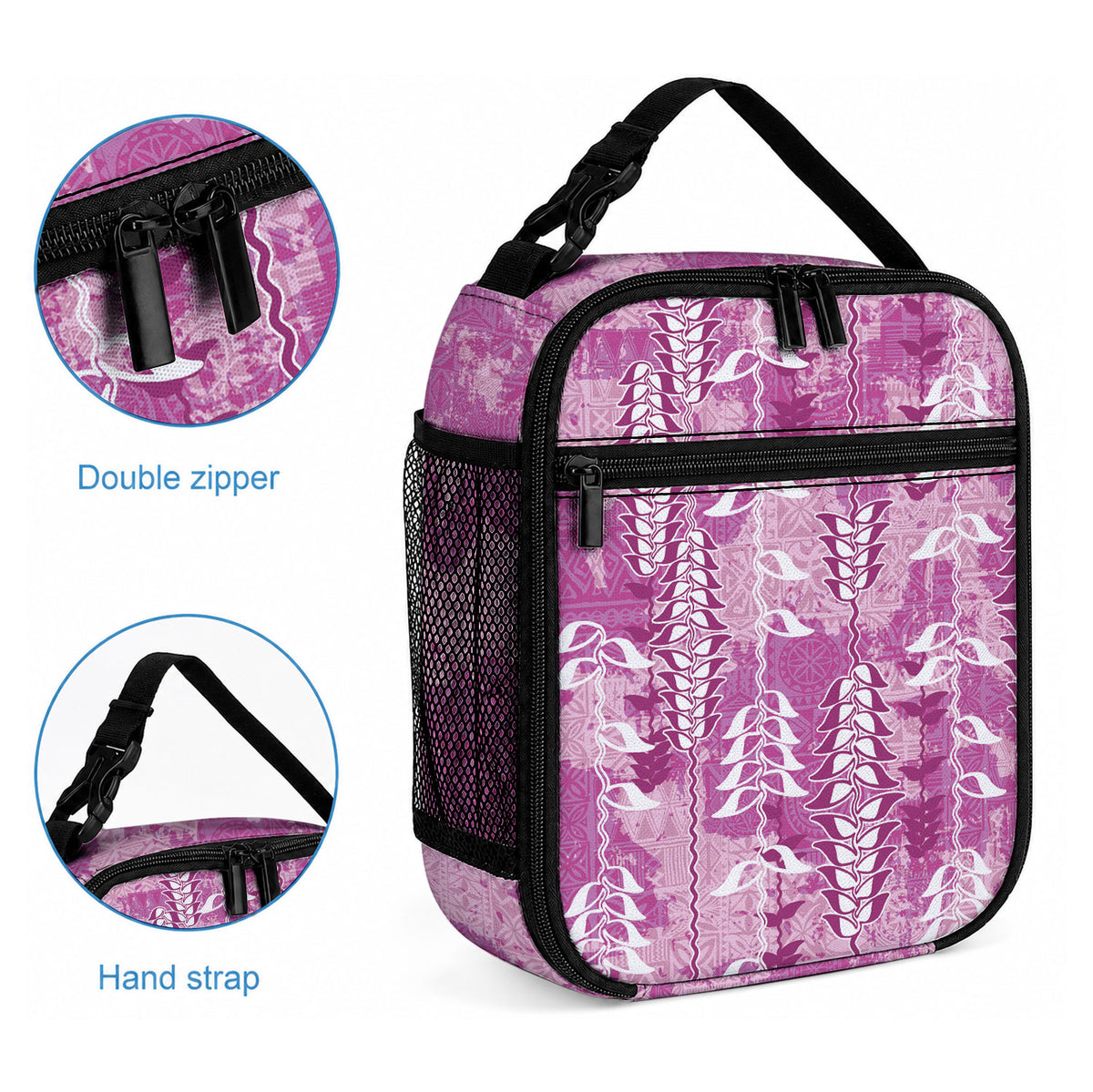 Magenta Hawaii Tapa Pattern Lunch Bag With Heliconia Vintage Style