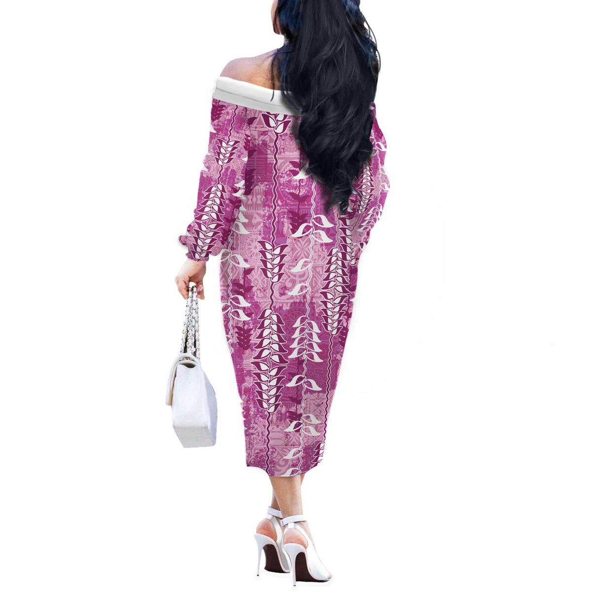 Magenta Hawaii Tapa Pattern Off The Shoulder Long Sleeve Dress With Heliconia Vintage Style LT05 - Polynesian Pride