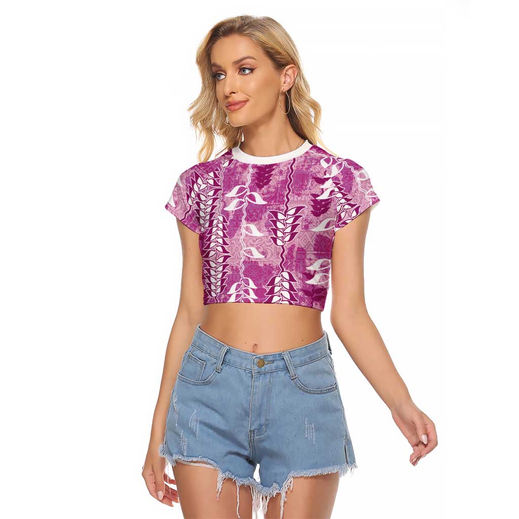 Magenta Hawaii Tapa Pattern Raglan Cropped T Shirt With Heliconia Vintage Style LT05 Female Magenta - Polynesian Pride