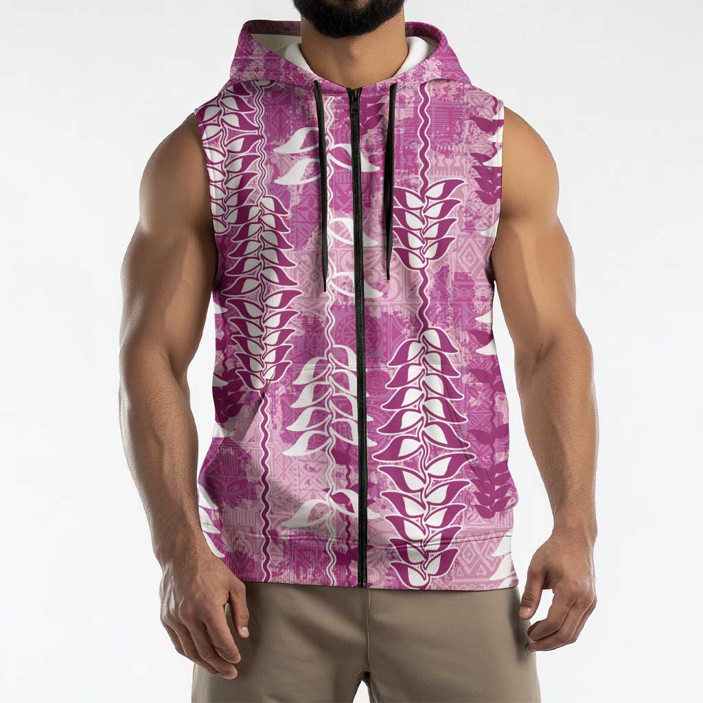 Magenta Hawaii Tapa Pattern Sleeveless Zip Hoodie With Heliconia Vintage Style LT05 - Polynesian Pride