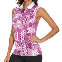 Magenta Hawaii Tapa Pattern Women Sleeveless Polo Shirt With Heliconia Vintage Style LT05 - Polynesian Pride