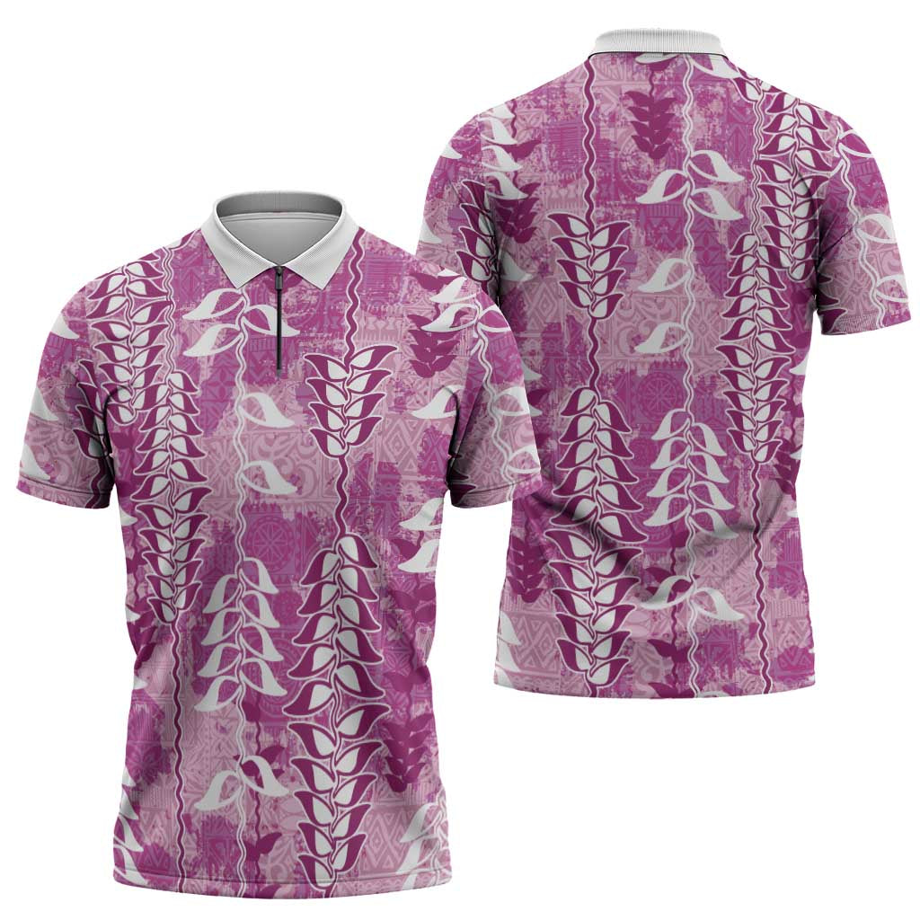 Magenta Hawaii Tapa Pattern Zipper Polo Shirt With Heliconia Vintage Style LT05 - Polynesian Pride