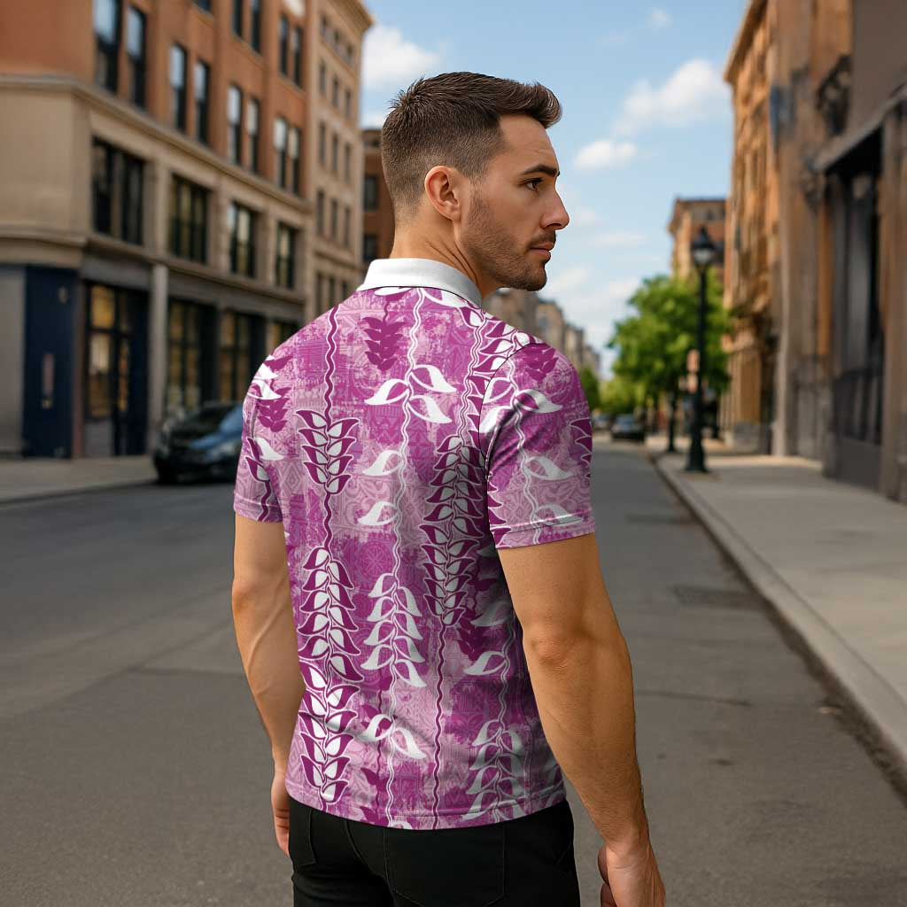 Magenta Hawaii Tapa Pattern Zipper Polo Shirt With Heliconia Vintage Style LT05 - Polynesian Pride