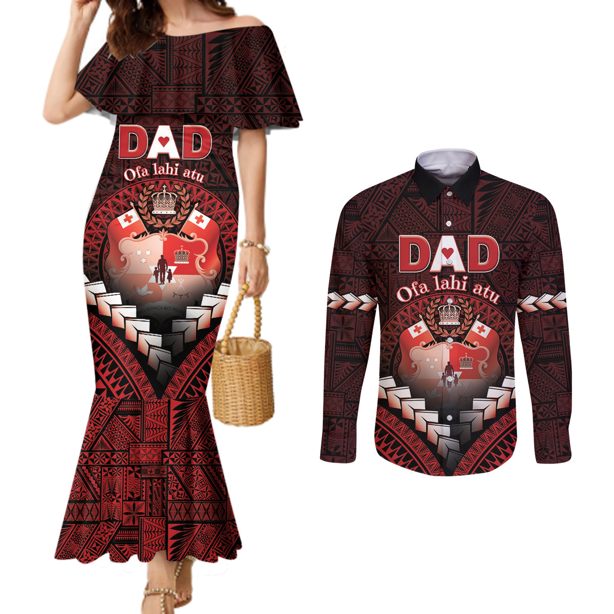 Personalised Tonga Happy Father's Day Couples Matching Mermaid Dress and Long Sleeve Button Shirt Ofa Lahi Atu Dad Polynesian Tribal