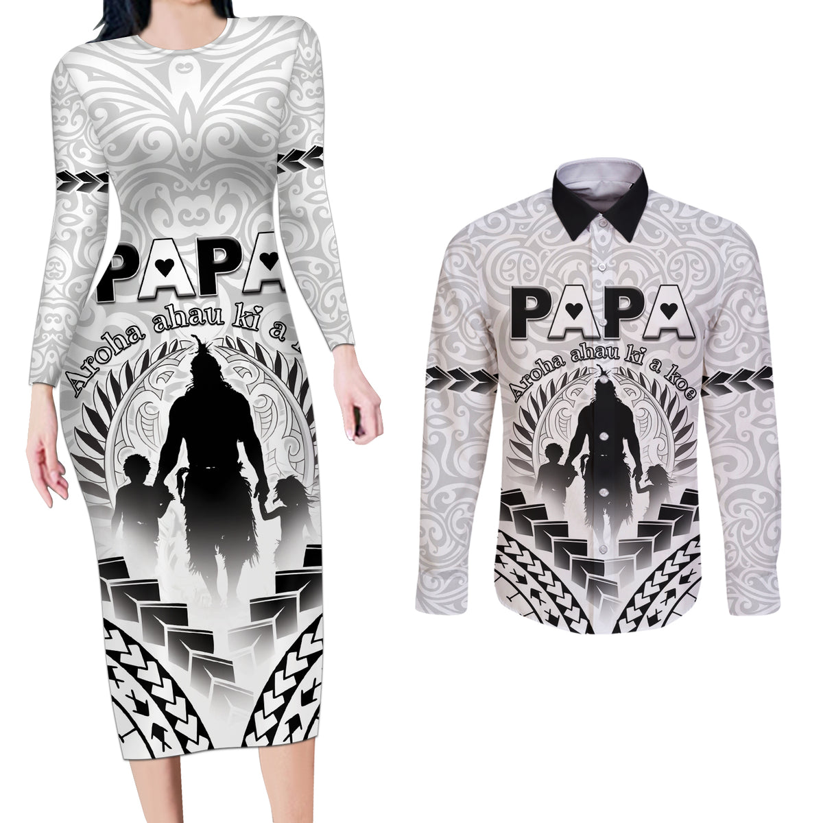 Personalised New Zealand Happy Father's Day Couples Matching Long Sleeve Bodycon Dress and Long Sleeve Button Shirt Aroha Ahau Ki A Koe Papa Polynesian Tribal LT05 White - Polynesian Pride
