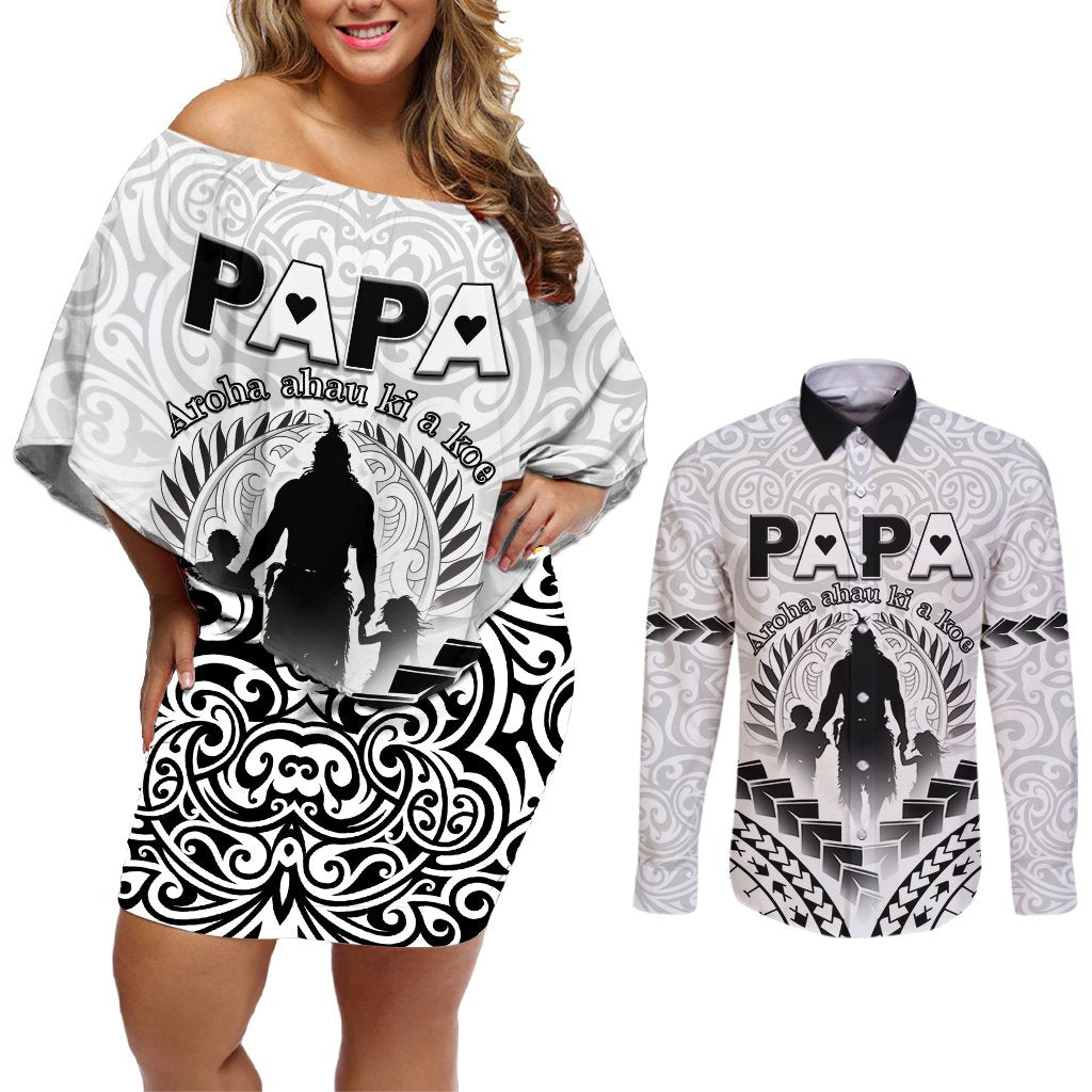 Personalised New Zealand Happy Father's Day Couples Matching Off Shoulder Short Dress and Long Sleeve Button Shirt Aroha Ahau Ki A Koe Papa Polynesian Tribal LT05 White - Polynesian Pride