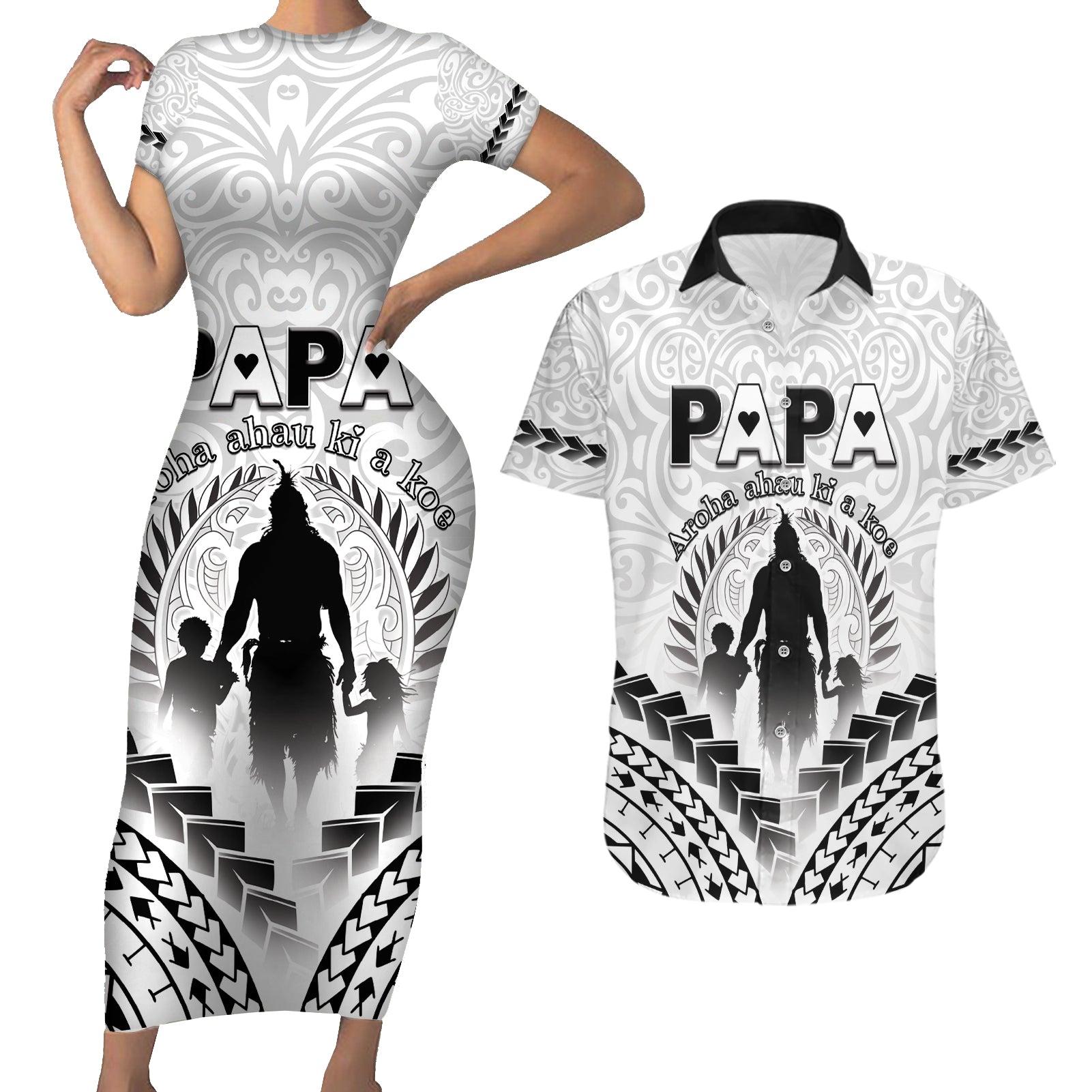 Personalised New Zealand Happy Father's Day Couples Matching Short Sleeve Bodycon Dress and Hawaiian Shirt Aroha Ahau Ki A Koe Papa Polynesian Tribal