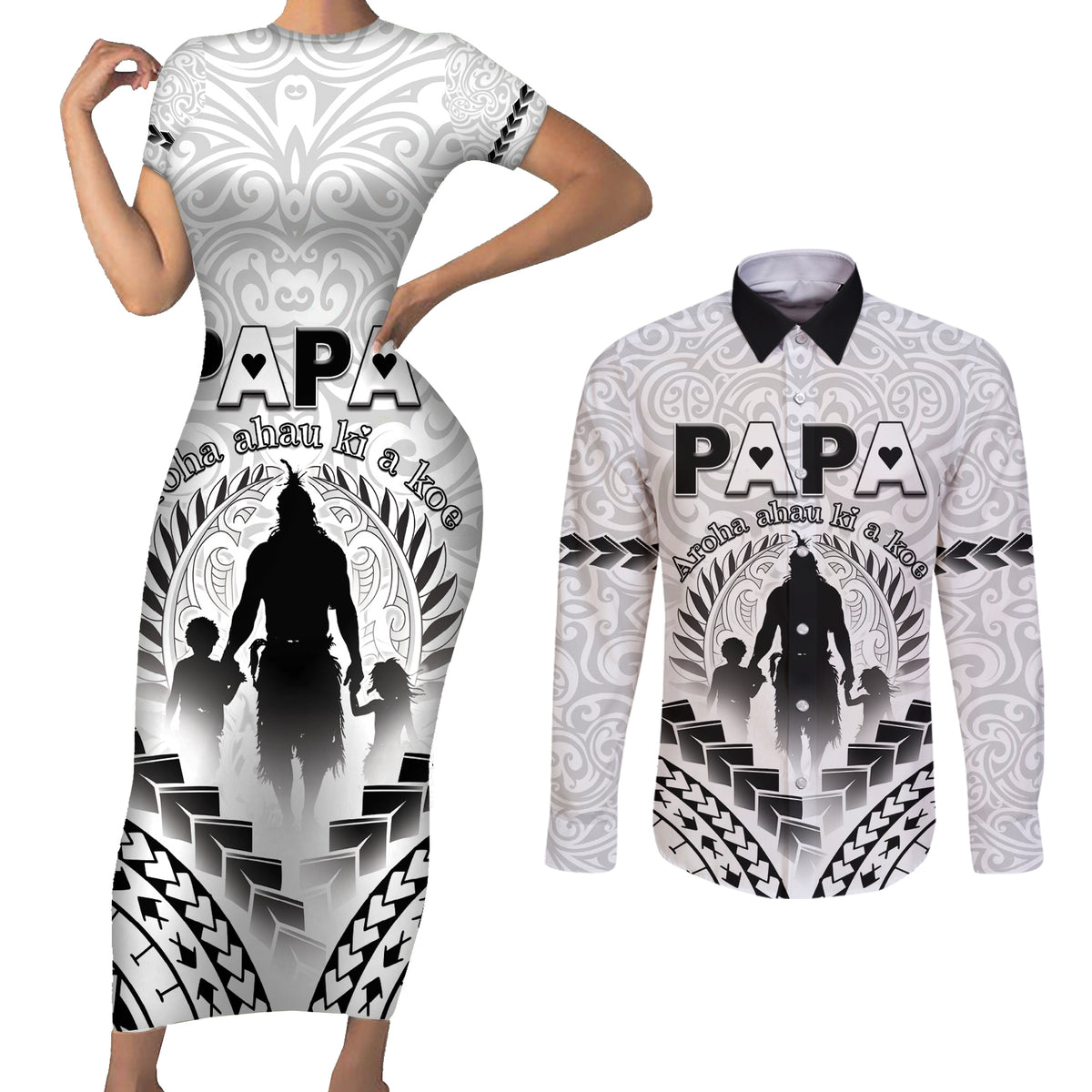 Personalised New Zealand Happy Father's Day Couples Matching Short Sleeve Bodycon Dress and Long Sleeve Button Shirt Aroha Ahau Ki A Koe Papa Polynesian Tribal LT05 White - Polynesian Pride